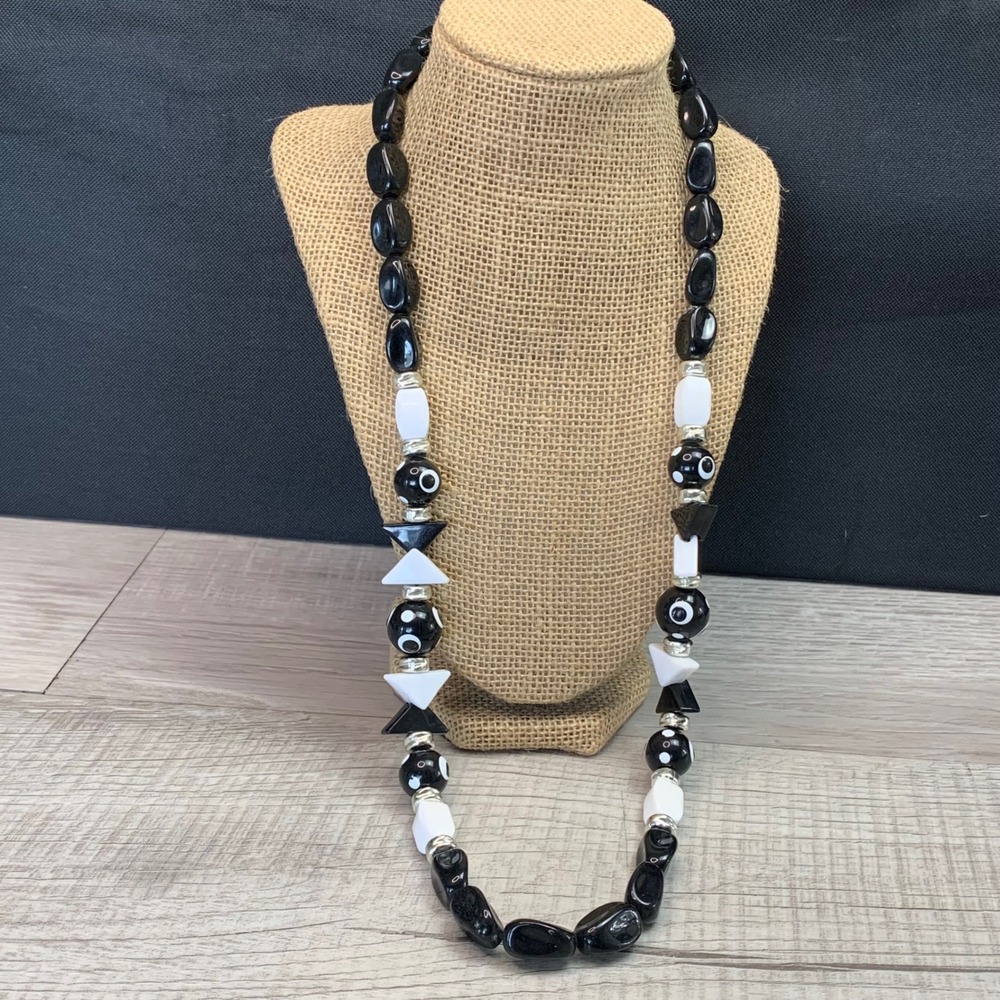 Vintage Black and White Beaded Geometric Statement Necklace 30 Inch Long